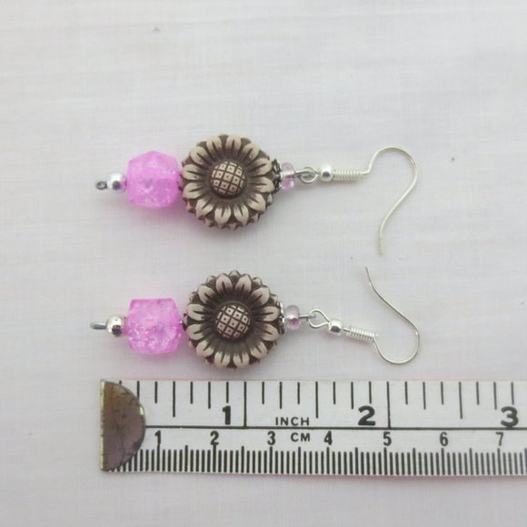 New Hand Crafted Pink Sunflower Dangle Earrings - Picture 4 of 6